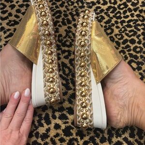 Christian Louboutin gold Slide Sandals mules guaranteed authentic